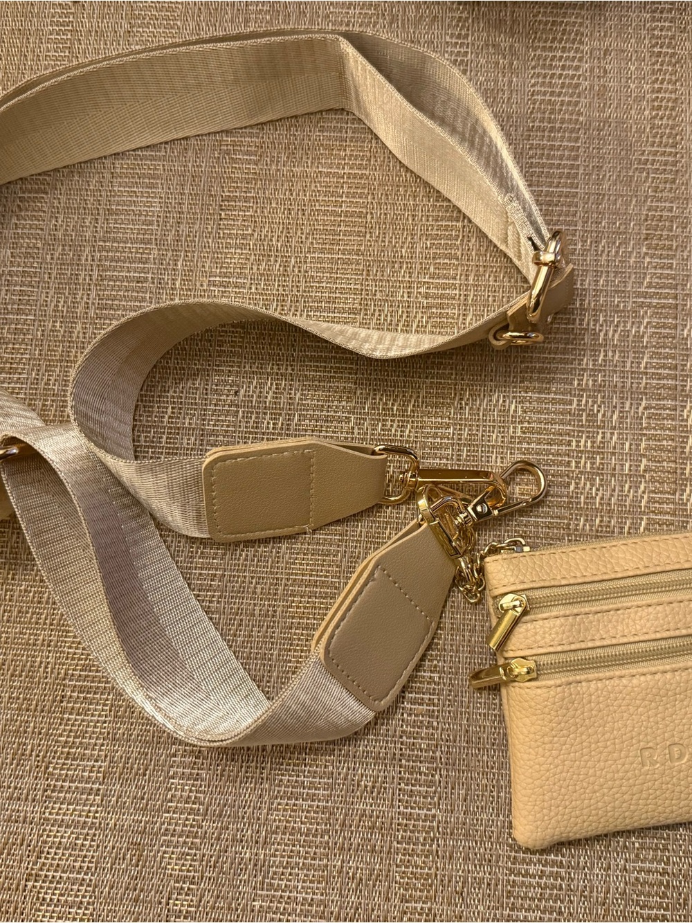 Beige Crossbody Strap Pouch with Gold Hardware